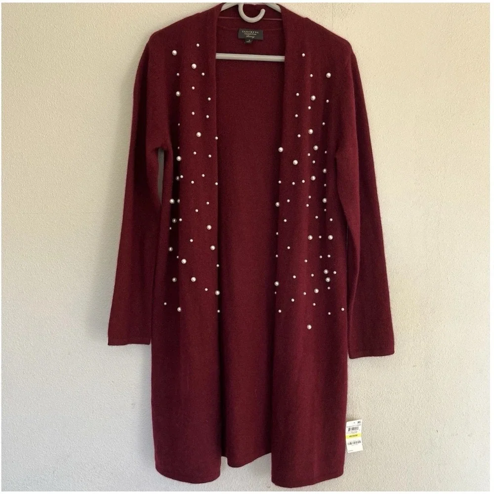 Charter Club Luxury Cashmere‎ Pearl Embellished Cardigan Burgundy XS Duster